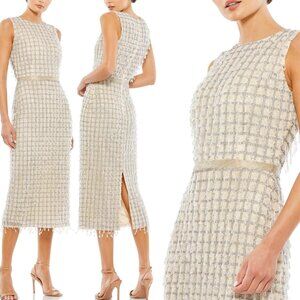 NWT MAC DUGGAL EMBELLISHED HIGH NECK FRINGED MIDI SHEATH DRESS NUDE 5471